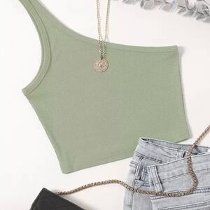 Sage Green Ribbed One-Shoulder Top